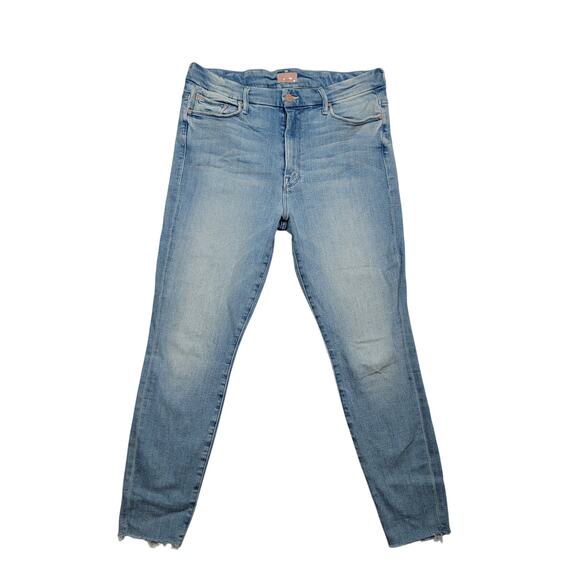 MOTHER Size 33 High Waisted Looker Ankle Fray Au Revoir Blue Denim Jeans - Picture 1 of 10